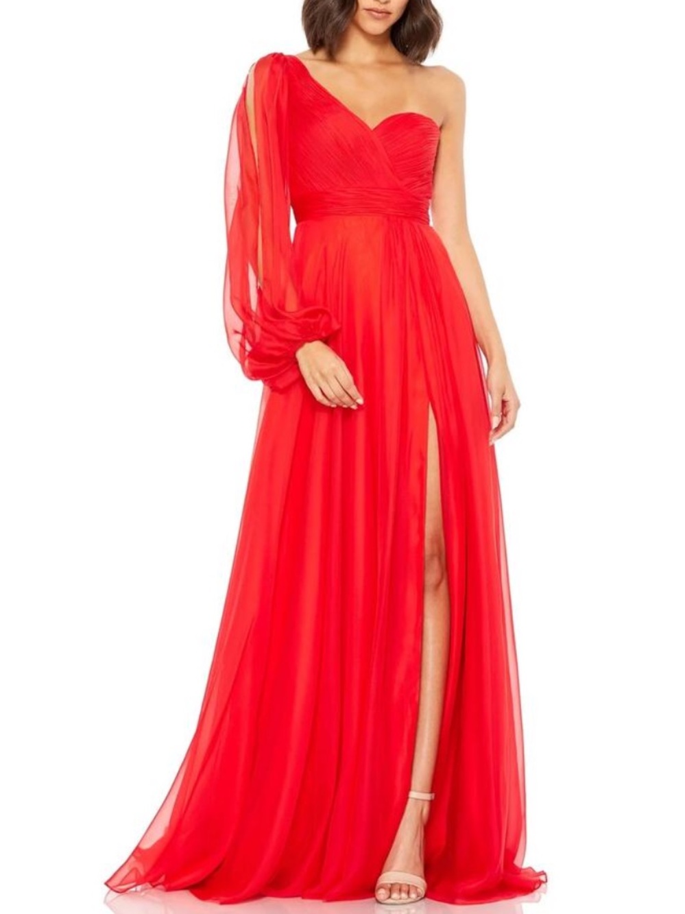 MAC DUGGAL Red Flowy Layered One Shoulder One Sleeve Chiffon Maxi Formal Gown
